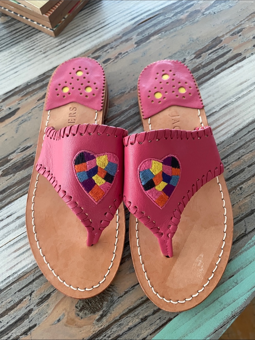 Brand New Jack Roger’s Pink Embroidered Heart Sandals / Thongs - Size 5M